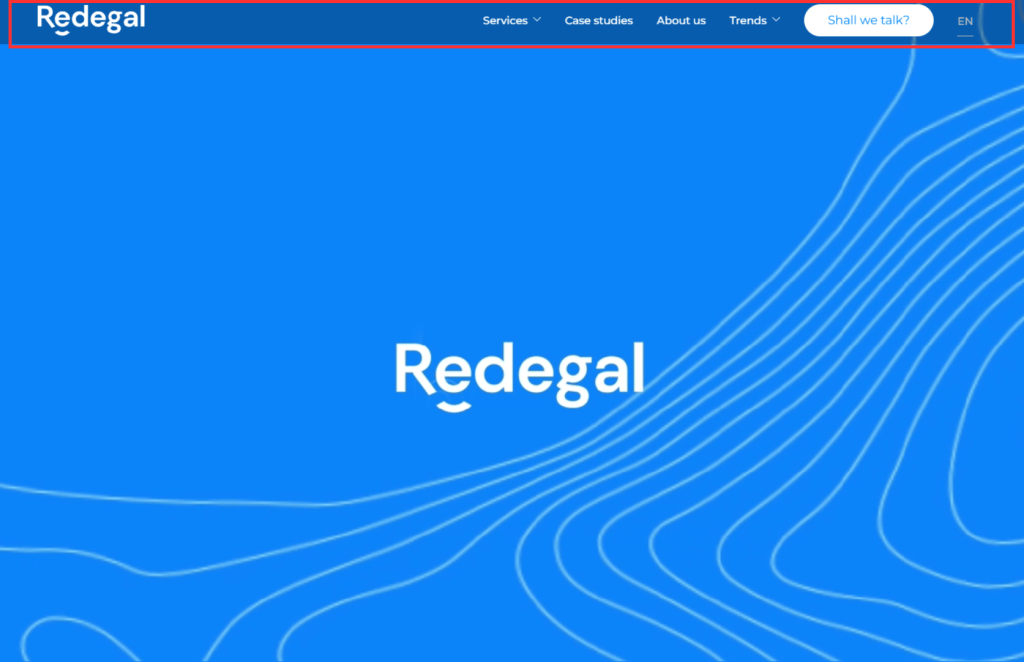 Redegal website menu that includes 5 categories, the logo, a contact CTA, and a language switcher.