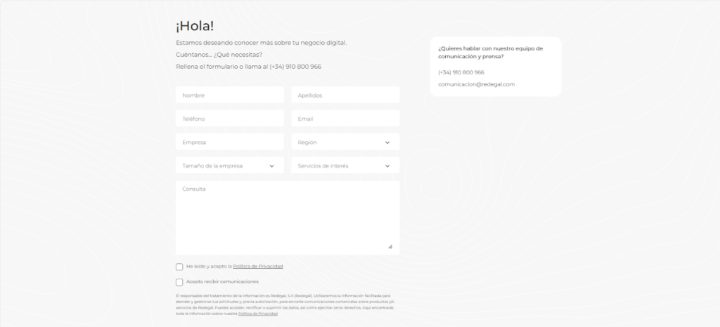 Ejemplo de formulario de contacto de la página web de Redegal. 