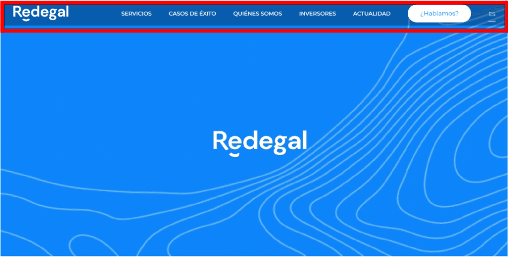 Menú de la página web de Redegal que incluye 5 categorías, el logotipo, un CTA de contacto y un conmutador de idiomas. 