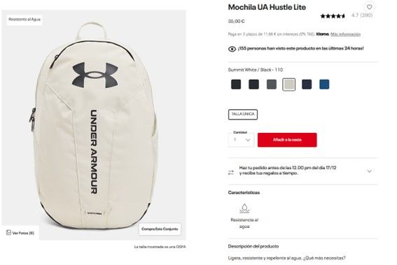 Ejemplo de ficha de producto de Under Armour