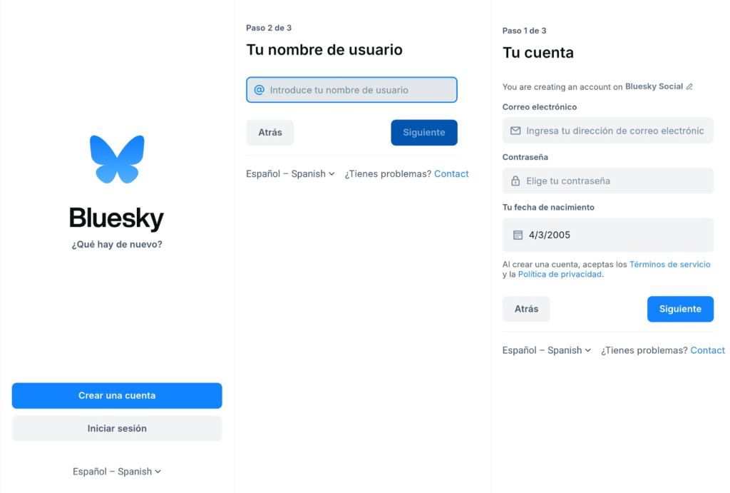 Interfaz de inicio de sesión en Bluesky